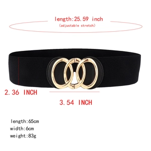 Detailed dimension guide for black elastic wide waist belt with golden multi-ring buckle