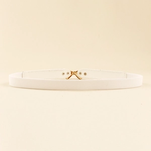 Detail of white elastic waist belt with a golden metal buckle and faux leather patches