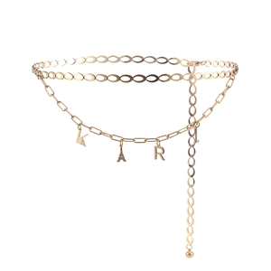 Double-layered gold waist chain featuring Eiffel Tower and KRL initial letter charms