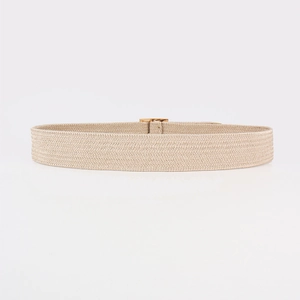 Detail of beige elastic woven belt with a textured knit and gold pin buckle