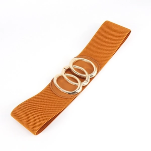 Macro detail of camel elastic wide belt featuring a gold interlocking ring buckle