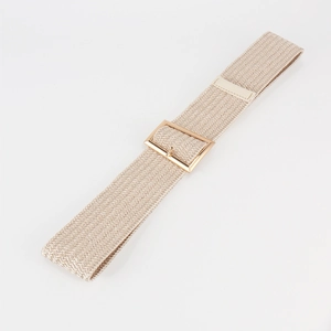 Detail shot of beige straw woven elastic belt with a polished gold rectangular buckle
