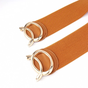 Detail of camel elastic belt showing light gold interlocking round metal buckles