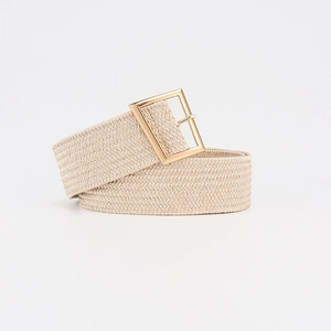 Detailed close-up of beige woven elastic belt with premium golden square metal buckle