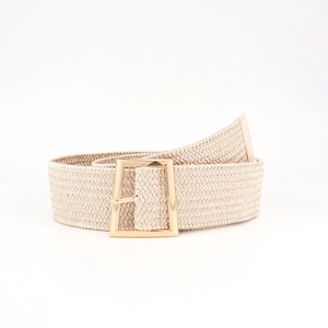 Close-up of beige woven elastic belt with a polished gold rectangular metal buckle