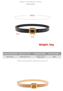 Size chart showing thin women's belts dimensions: length 100cm, width 2cm with gold buckle