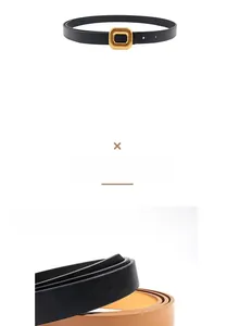 Close-up of slim black PU belt featuring a gold square metal buckle and smooth texture