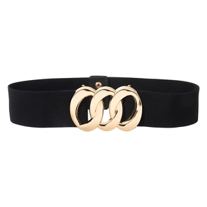 Women's wide elastic black waist belt with triple interlocking gold metal rings decoration