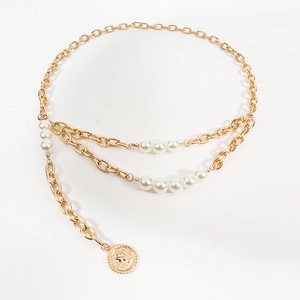 Chaîne de Taille Double Couche pour Femme Avec Perles Artificielles Pendentif Pièce en Métal Doré Chaîne de Corps pour Robes de Plage
