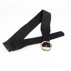 Women's black woven belt with golden round bamboo buckle, stylish elastic waist cincher