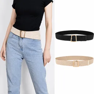Women Fashion Elastic Woven Waist Belt With Rectangular Alloy Pin Buckle Solid Color Stretch Waistband Dress Accessory