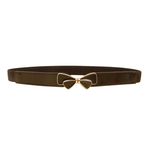 Elegant black elastic waist belt for women with a gold-trimmed butterfly bow buckle