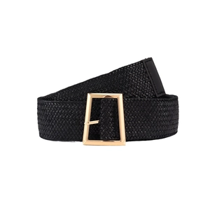 Women's black elastic braided belt with golden square buckle for casual dresses