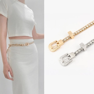 Fashion Women Rhinestone Waist Chain Belt With Vintage Carved Buckle Shiny Metal Body Chain For Beach Party Jewelry Accessories