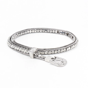 Sparkling silver waist chain belt for women with white rhinestones and engraved buckle