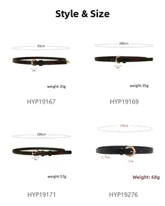 Detailed size chart for black leather belts with gold buckles and measurements
