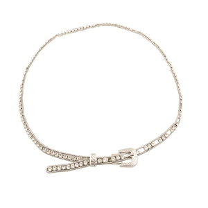 Sparkling rhinestone waist chain with engraved belt buckle design in silver metal finish