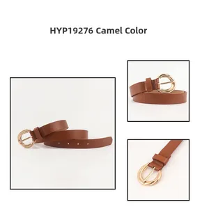 Detail view of camel leather belt HYP19276 featuring a gold round double ring buckle