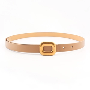 Detail of slim beige PU leather belt with matte gold square buckle and precise holes