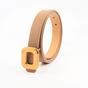 Detailed close-up of a slim khaki PU leather belt with a matte gold square buckle
