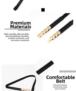 Détail de la boucle en alliage doré poli et de la texture de la ceinture élastique noire
