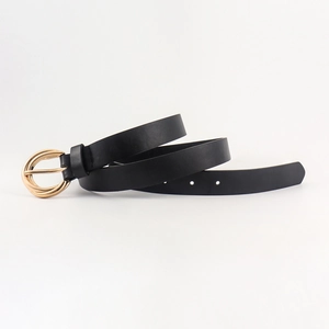 Elegant black leather belt with triple-ring gold buckle for women's professional attire