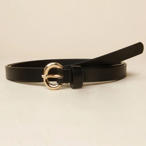 Minimalist black leather skinny belt for women featuring a polished gold round buckle