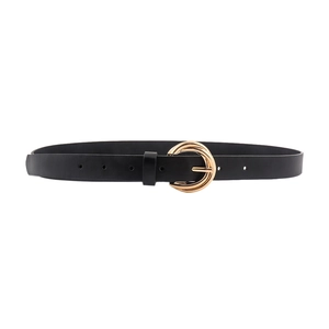 Minimalist black leather belt for women with triple golden ring buckle for dresses