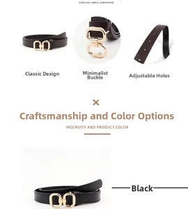 Détails d'une ceinture fine en cuir pour femme avec boucle dorée double ovale et trous réglables