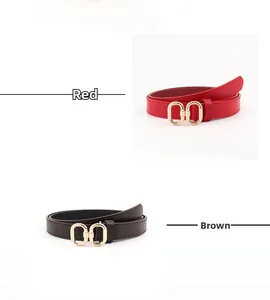 Détails de fines ceintures en cuir rouge et marron avec double boucle ovale dorée