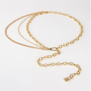 Dreilagige goldene Metall-Taillenkette für Damen mit Hohlperlengliedern und Schloss-Anhänger
