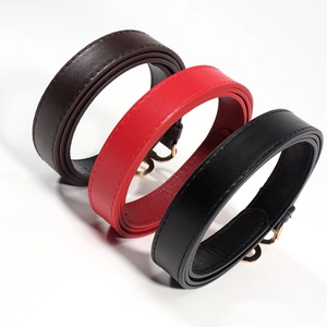 Détails de ceintures fines en cuir marron, rouge et noir avec boucles en métal doré