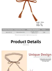 Detail view showing 150cm bohemian braided waist belt with elegant fringe tassels