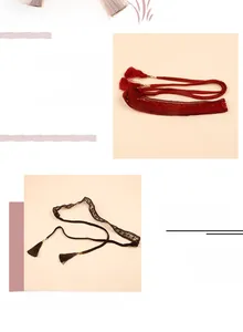 Detail view of woven lace waist belts with tassels in red, black, and gray colors