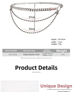 Vue détaillée de la chaîne de taille multicouche en métal argenté, longueur 105cm avec perles