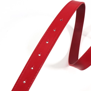 Vue macro de la ceinture en cuir rouge montrant la texture lisse et les coutures