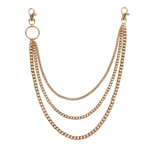 Three-layer golden punk metal pants chain with lobster clasps and decorative round ring