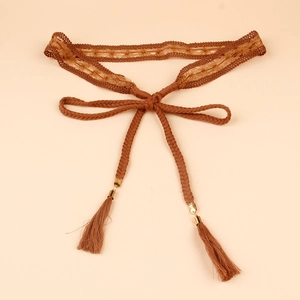 Bohemian lace woven waist belt with tassels and gold metal accents in brown coffee color
