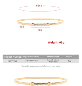 Detailed size chart for adjustable gold metal chain belt with spiral buckle design