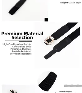 Close-up of square alloy buckle with rhinestones on a black elastic waist belt for dresses