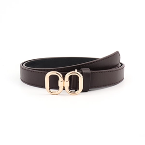 Ceinture fine classique en cuir marron foncé pour femme avec boucle double anneau dorée
