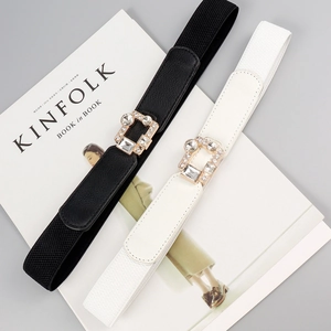 Women Rhinestone Elastic Waist Belt Faux Leather Square Buckle Corset Cinch Belt For Dresses Lady Fashion Decorative Waistband
