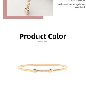 Detail of golden adjustable metal waist belt featuring a woven rope texture decorative buckle