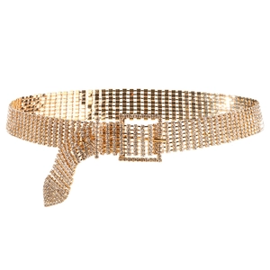 Ceinture punk dorée en maille avec strass scintillants et boucle carrée en cristal