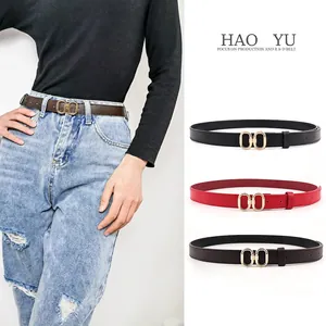 Ceinture Fine en Cuir PU pour Femme avec Boucle à Double Anneau Doré Ceinture de Taille Fine Polyvalente pour Robes Jeans Pantalons Accessoires