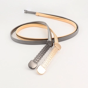 Elastic metal waist chain belt for women in gold and gunmetal with woven buckle