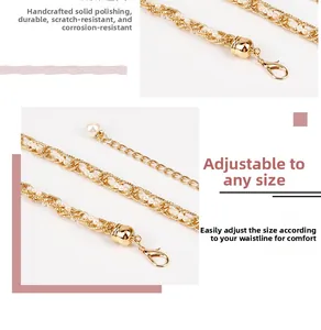 Detail of gold metal and pearl woven waist chain with adjustable lobster clasp closure