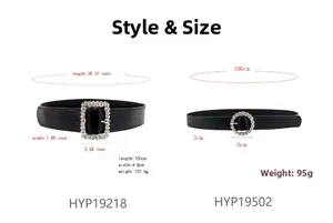 Detailed size chart for women leather belts with round and square rhinestone buckles