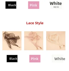 Detailed comparison of lace waist belts with pearl pendants in black, pink and white