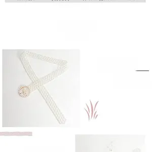 Detailed view of the white faux pearl woven belt with elegant round metal buckle